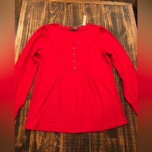 Women’s Red Pintuck Henley Long-Sleeve Top